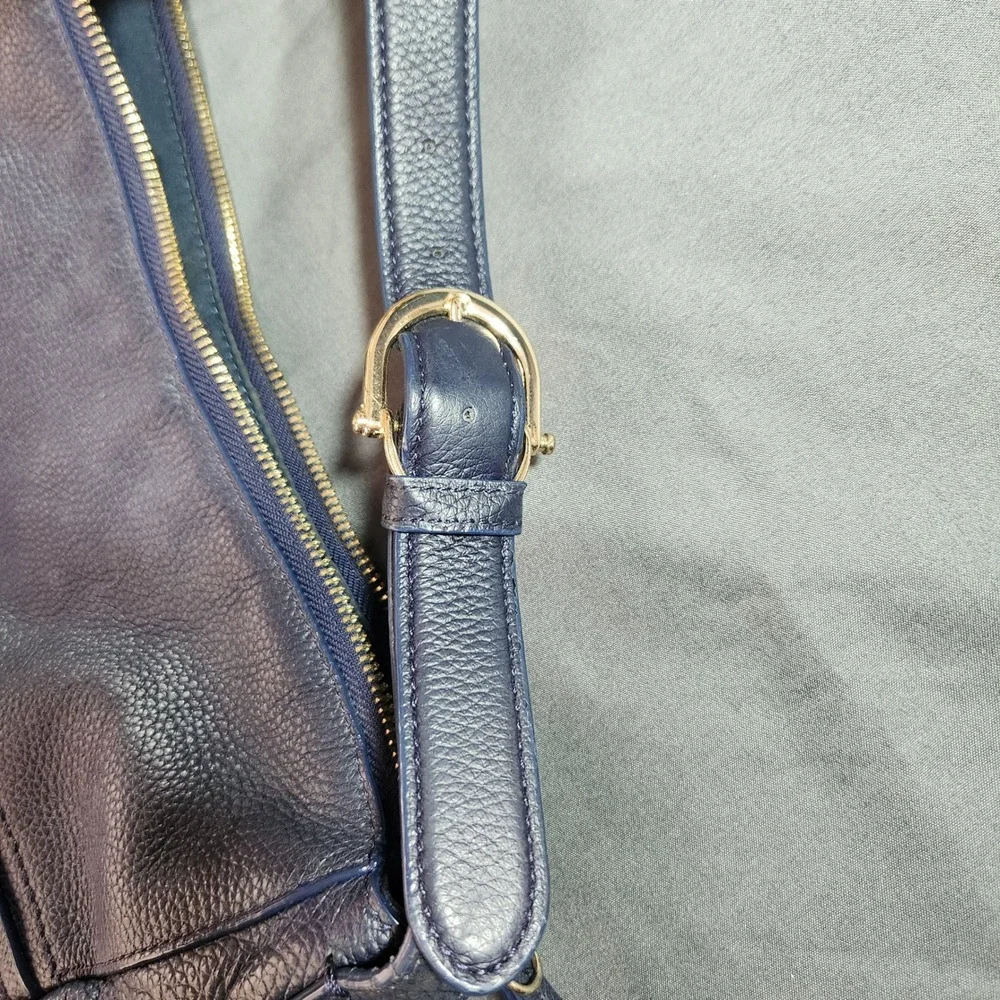 Cole Haan Navy Blue Pebbled Leather Shoulder Bag Purse with Gold-toned Hardware